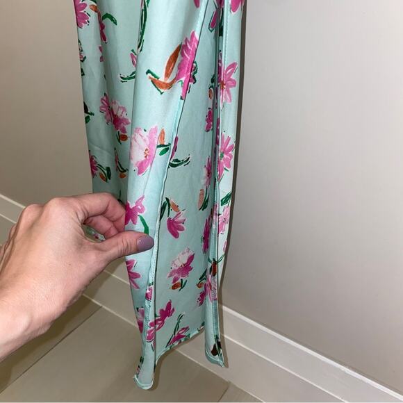 Zara Style 2157 / 046 Mint Green Pink Floral Ruffle Satin Slit Midi Dress Small - Picture 13 of 16